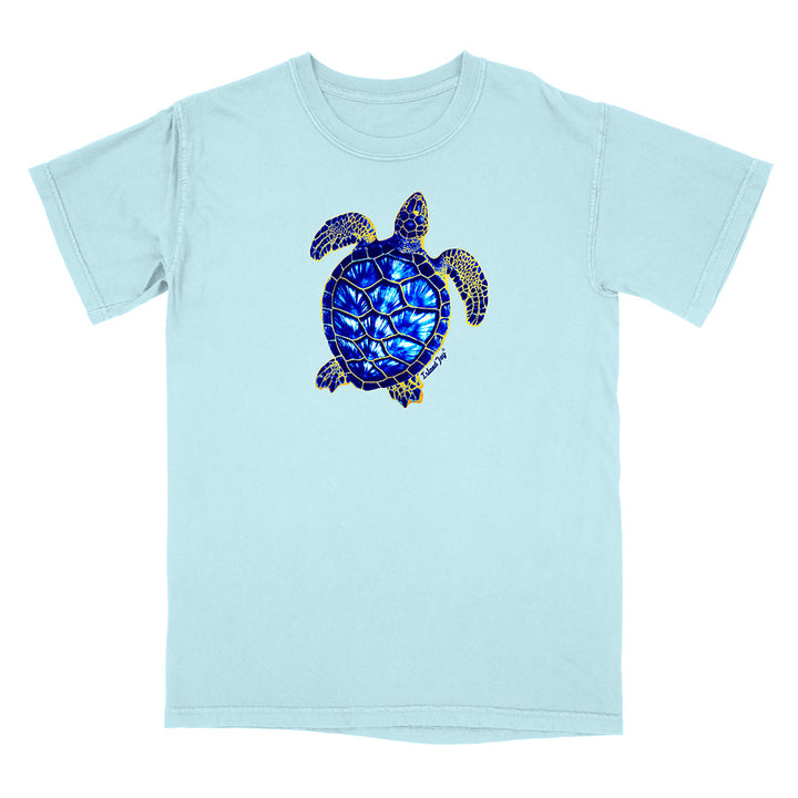 Light blue t-shirt with a decorative turtle design on a white background