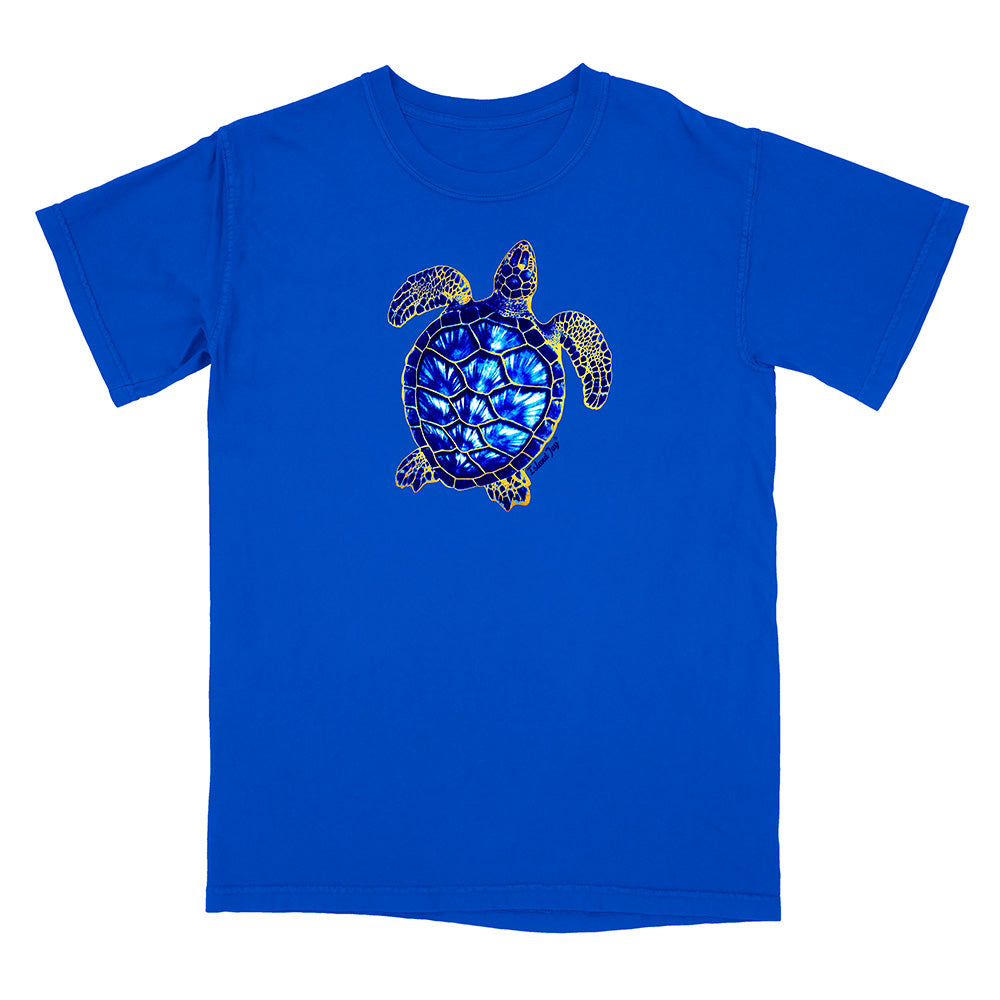 Blue t-shirt with a turtle design on a white background