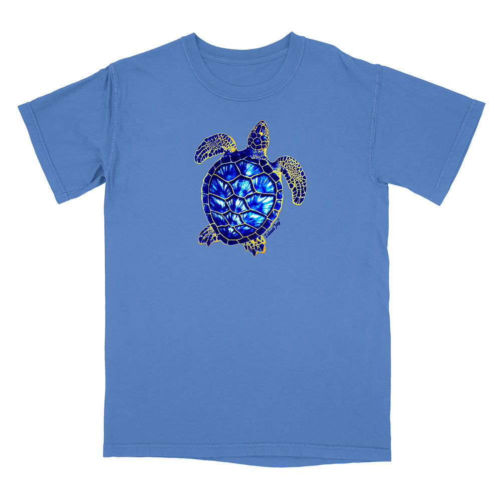 Blue t-shirt with a turtle design on a white background