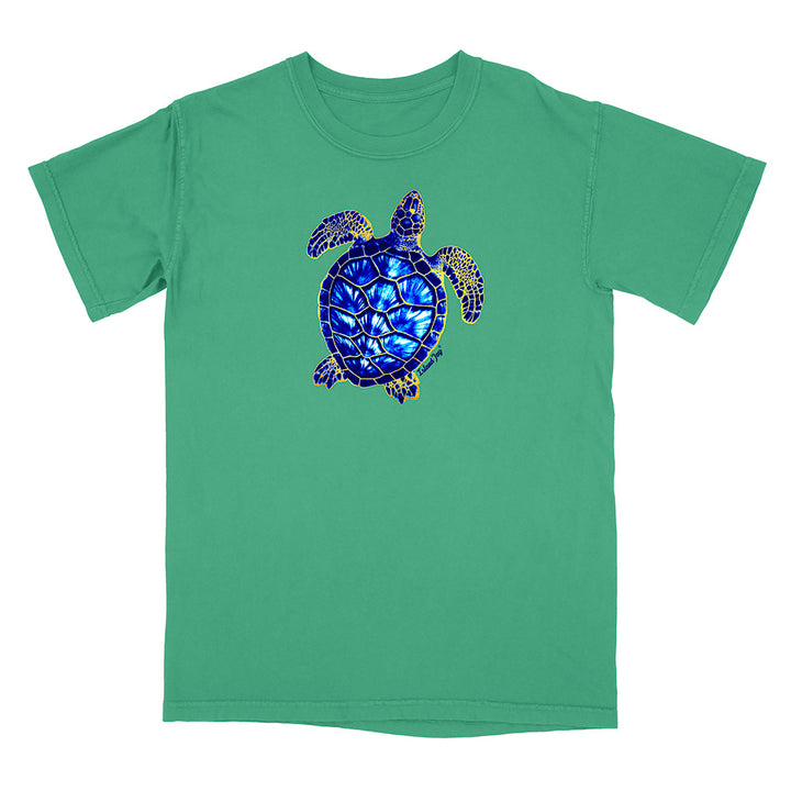 Green t-shirt with a blue turtle design on a white background