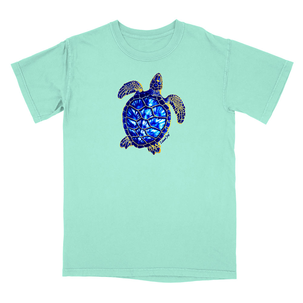 Mint green t-shirt with a blue and gold turtle design on a white background
