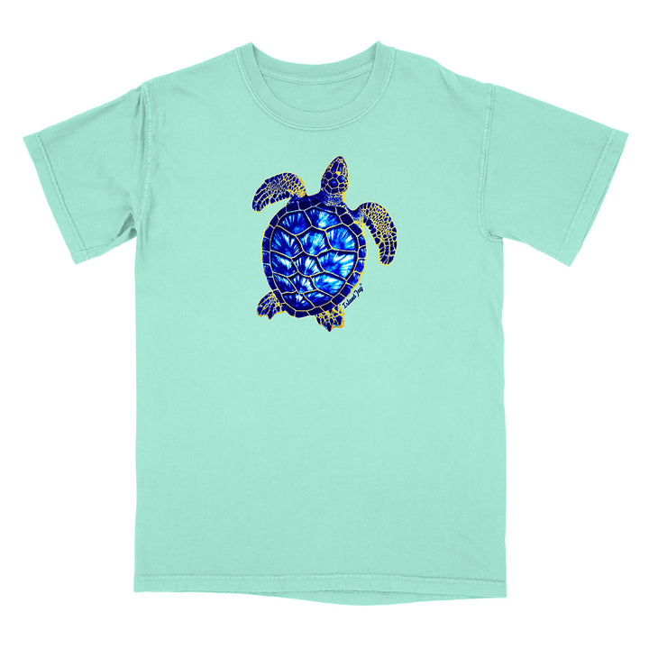 Mint green t-shirt with a blue and gold turtle design on a white background