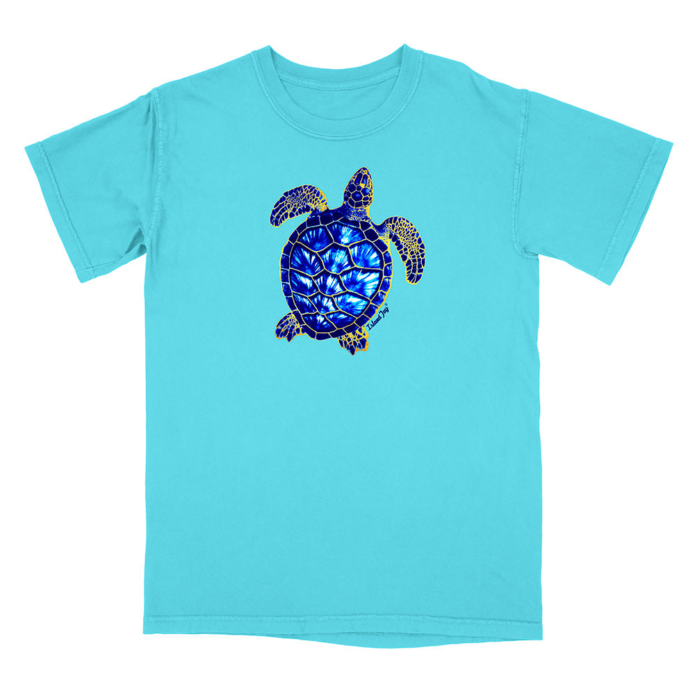 Light blue t-shirt with a turtle design on a white background