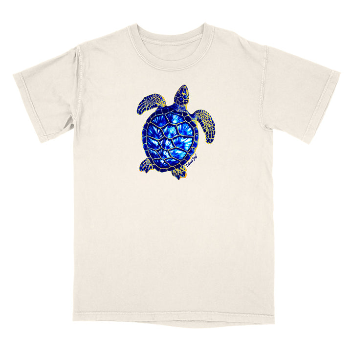 Beige t-shirt with a blue turtle design on a white background