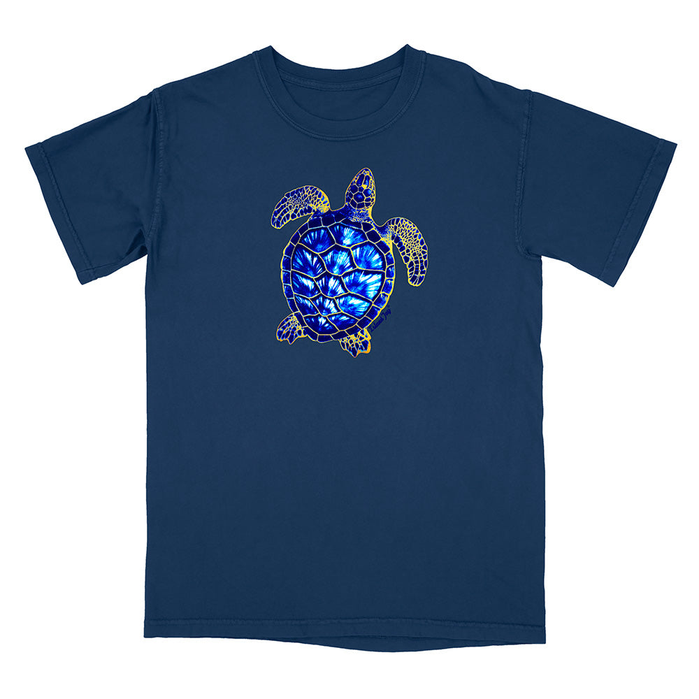Navy blue t-shirt with a turtle design on a white background