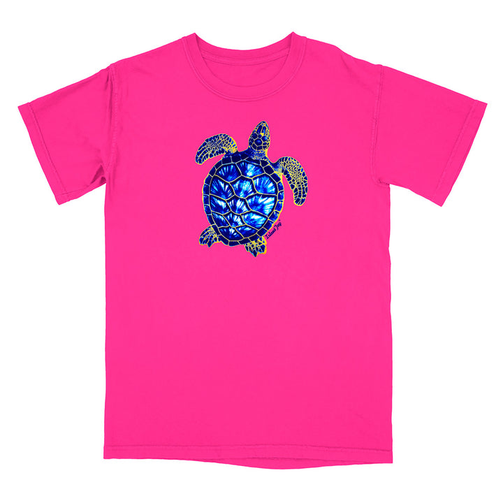 Pink t-shirt with a blue turtle design on a white background