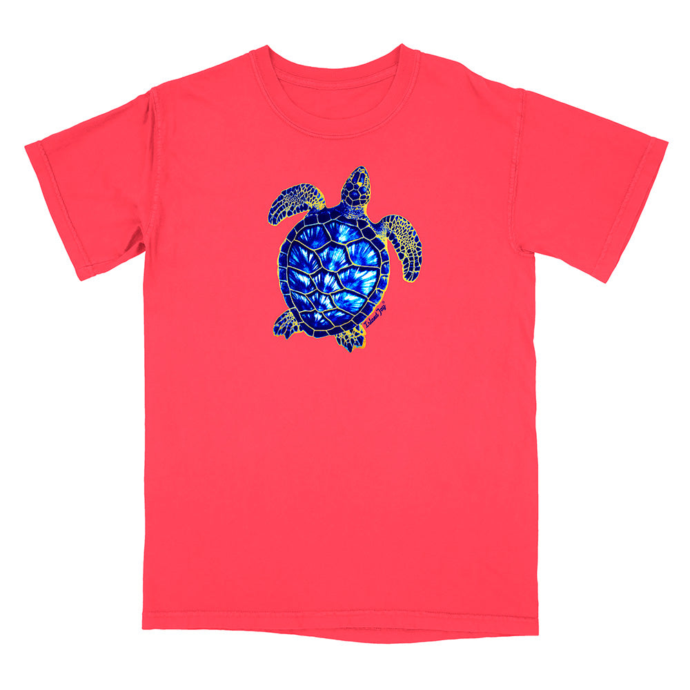 Red t-shirt with a blue turtle design on a white background
