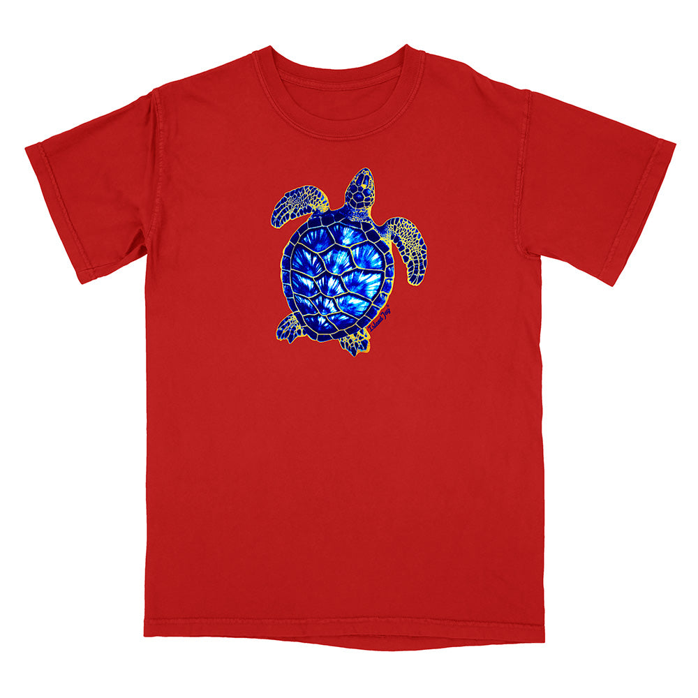 Red t-shirt with a blue and gold turtle design on a white background
