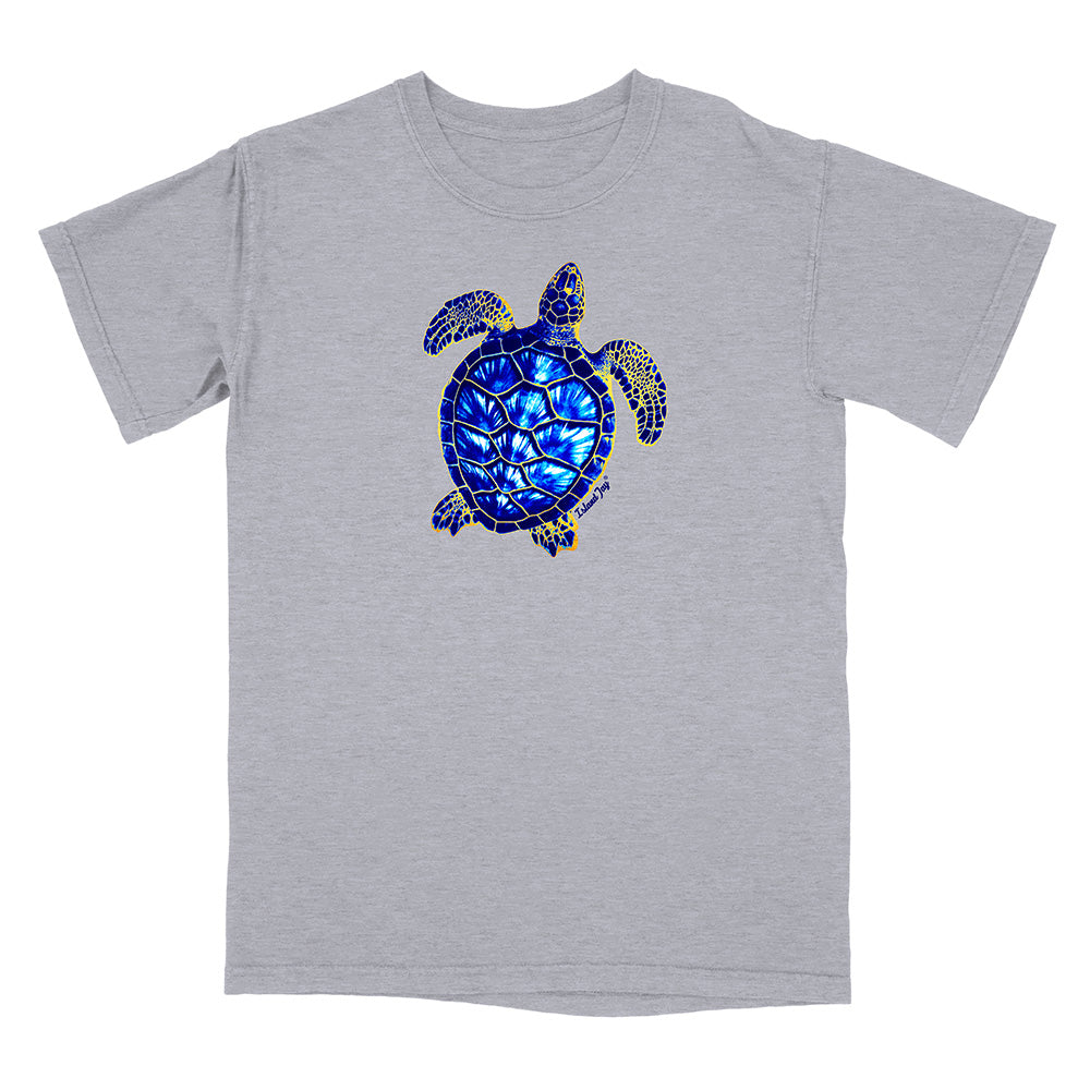 Gray t-shirt with a blue and gold turtle design on a white background
