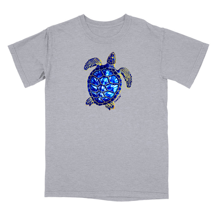 Gray t-shirt with a blue and gold turtle design on a white background