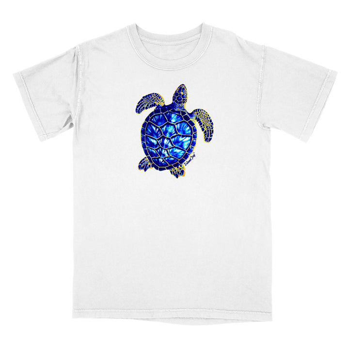White t-shirt with a blue and gold turtle design on a white background