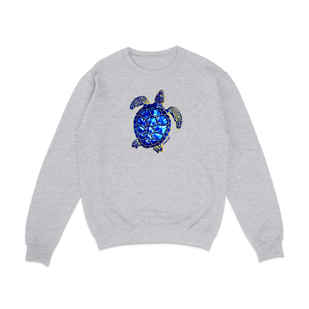 Gray sweatshirt with a blue and green turtle design on a white background