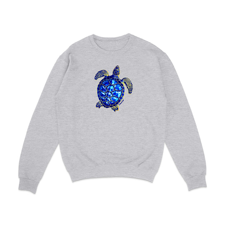 Gray sweatshirt with a blue and green turtle design on a white background