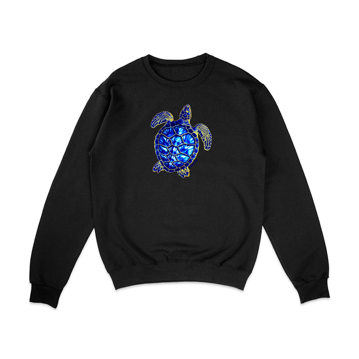 Black sweatshirt with a blue turtle design on a white background