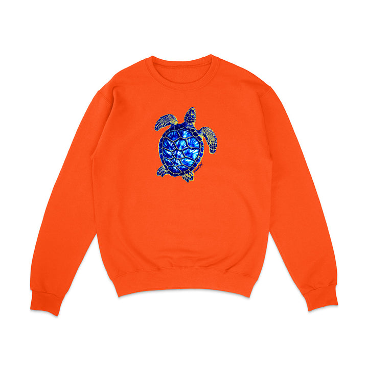 Orange sweatshirt with a blue turtle design on a white background