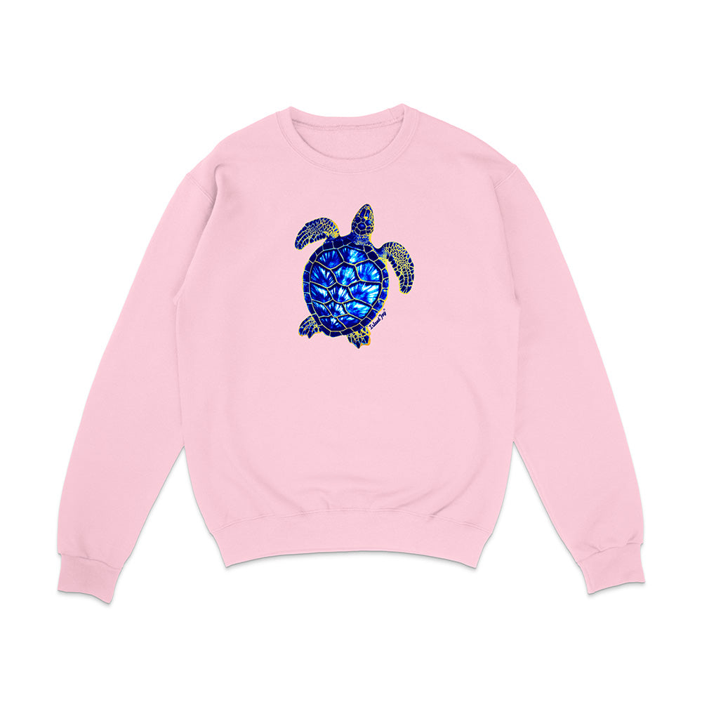 Pink sweatshirt with a blue and green turtle design on a white background