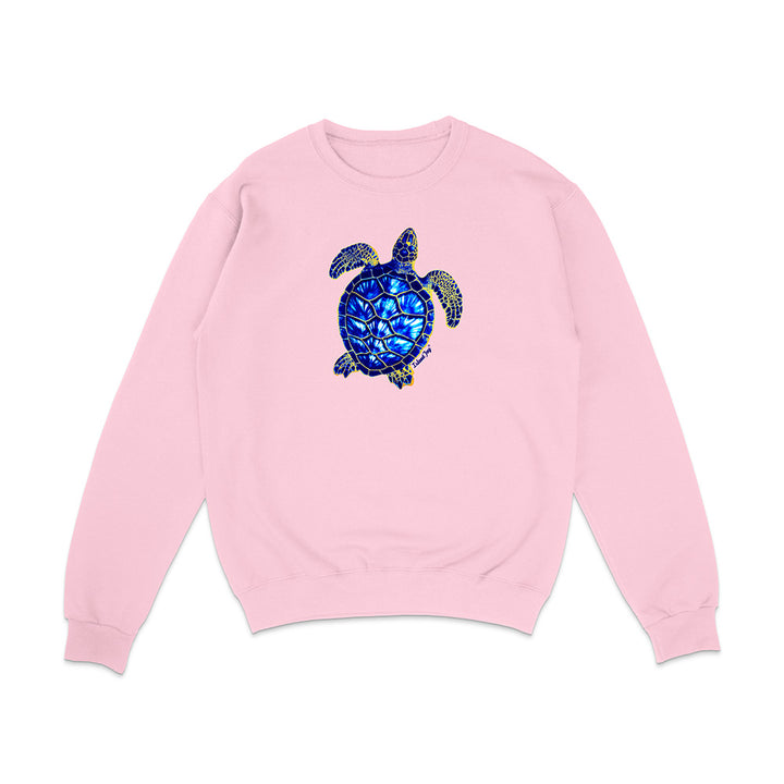Pink sweatshirt with a blue and green turtle design on a white background