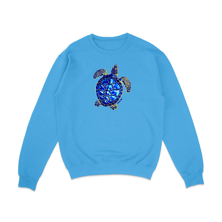 Blue sweatshirt with a turtle design on a white background