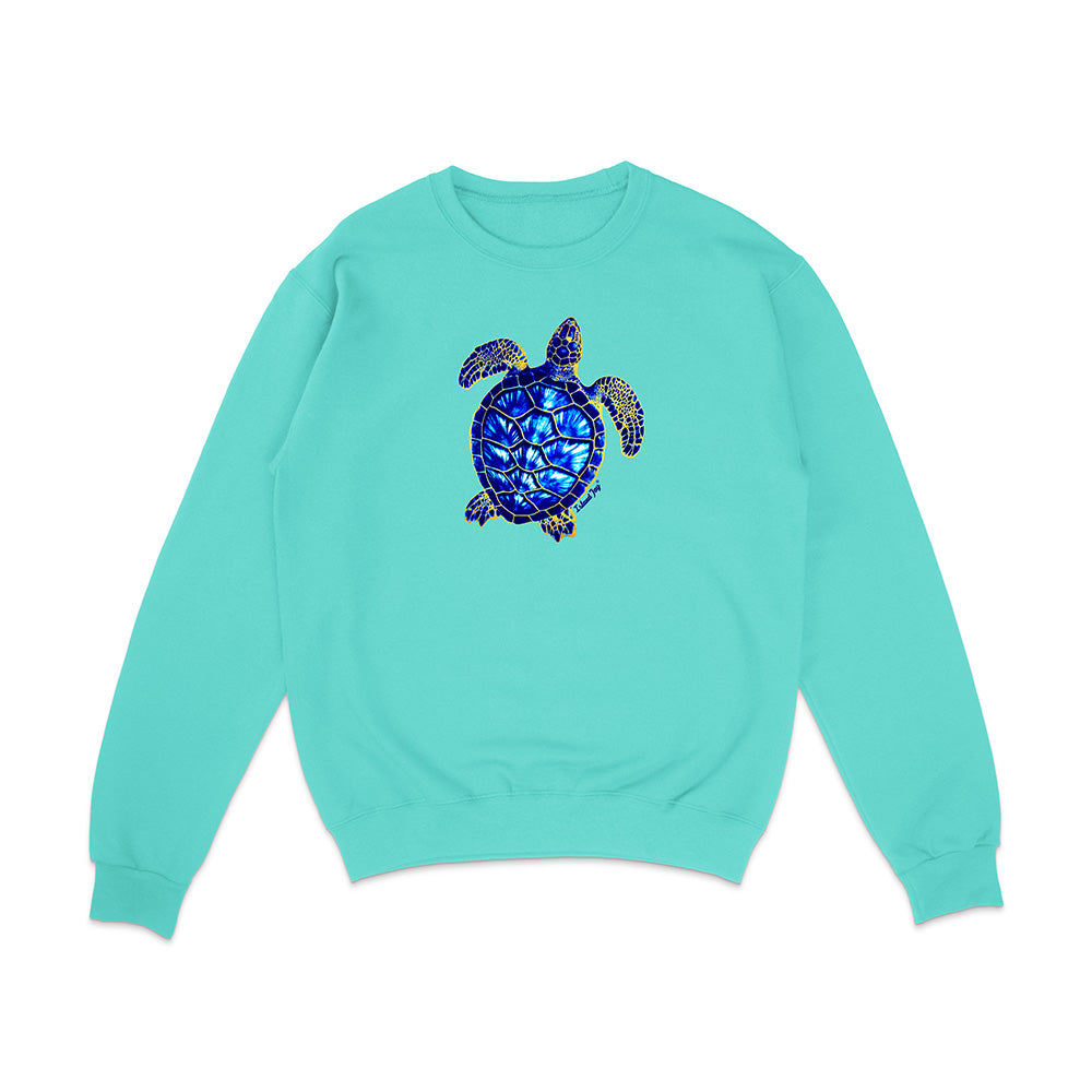 Turquoise sweatshirt with a turtle design on a white background