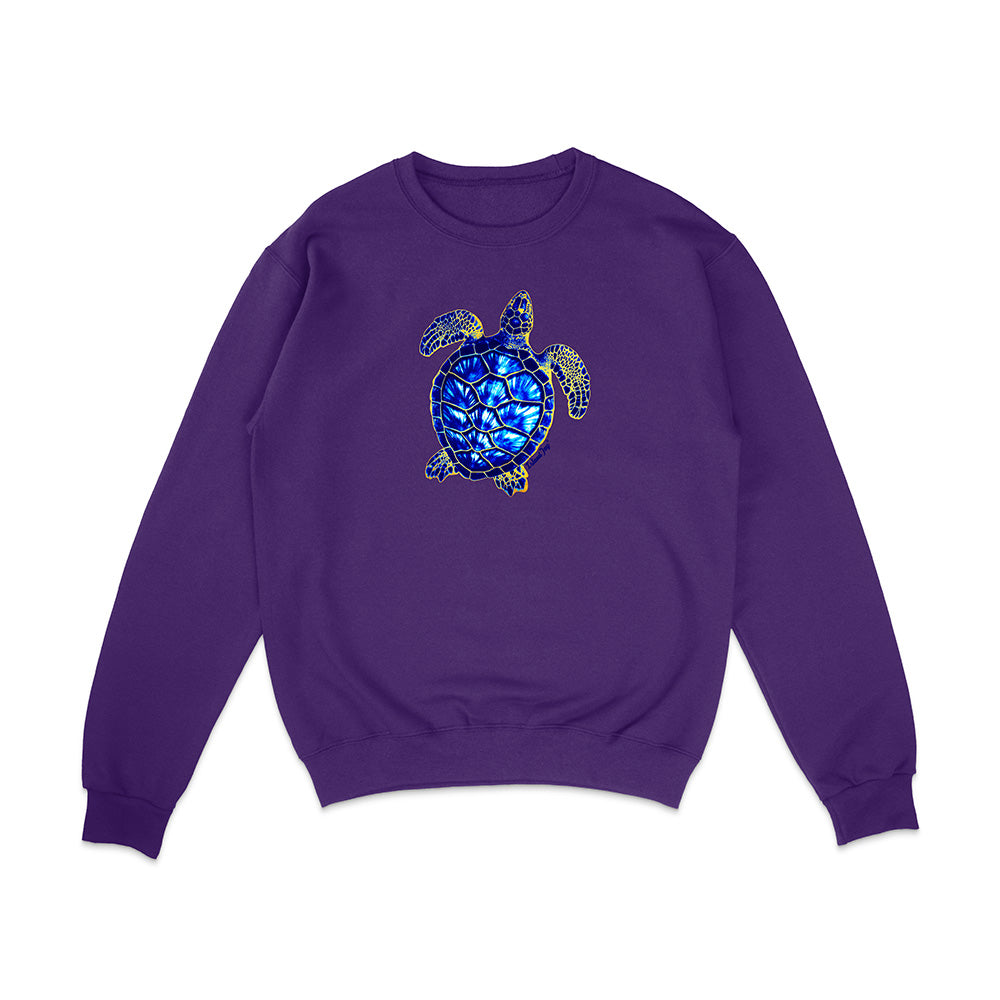 Purple sweatshirt with a blue turtle design on a white background