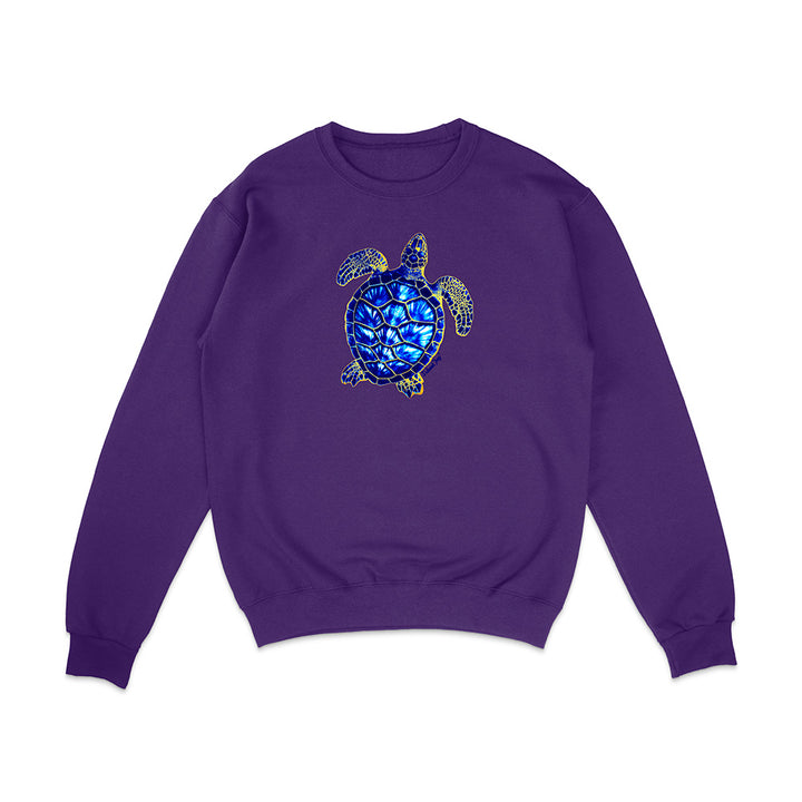 Purple sweatshirt with a blue turtle design on a white background