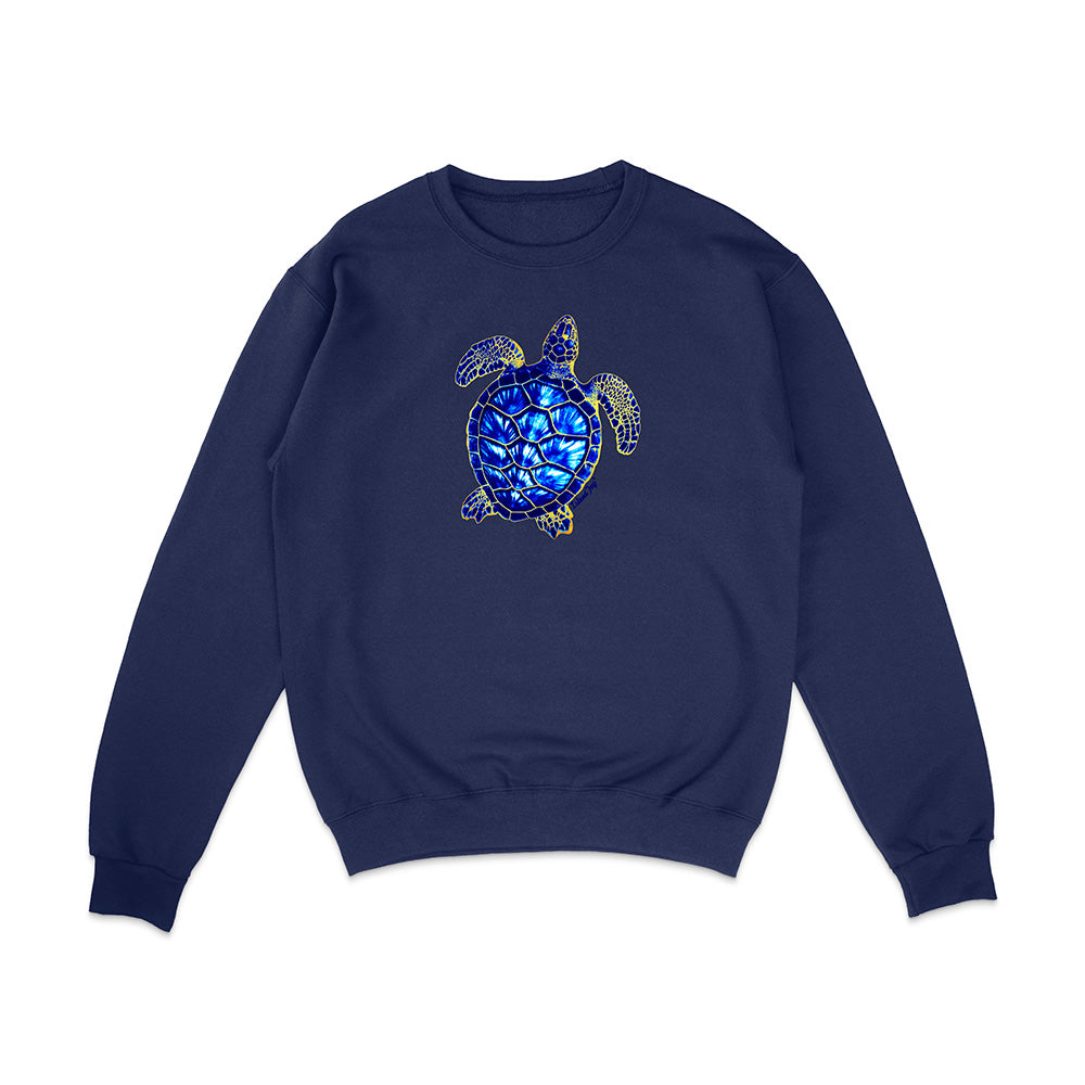 Navy blue sweatshirt with a blue turtle design on a white background