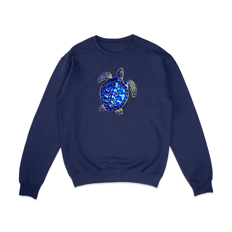Navy blue sweatshirt with a blue turtle design on a white background