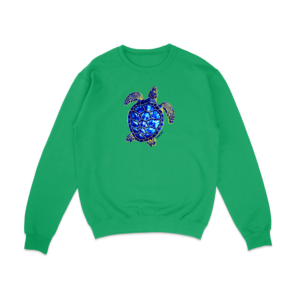 Green sweatshirt with a blue and purple turtle design on a white background