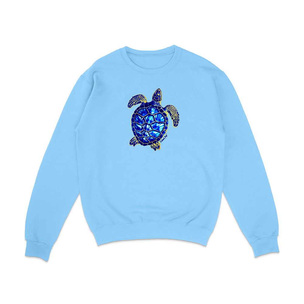 Light blue sweatshirt with a turtle design on a white background