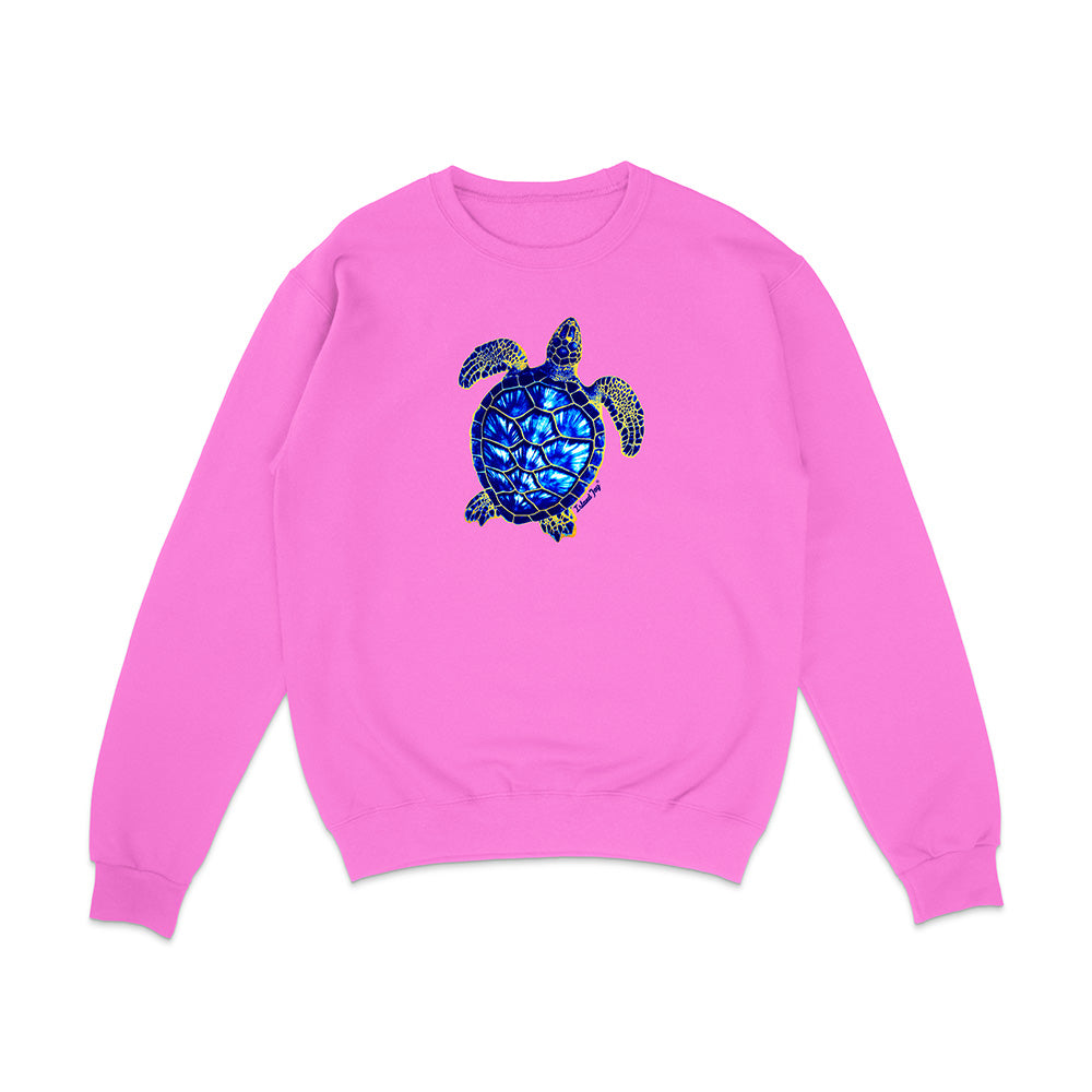 Pink sweatshirt with a blue turtle design on a white background