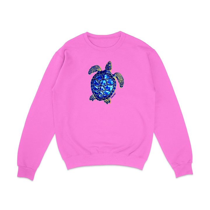Pink sweatshirt with a blue turtle design on a white background