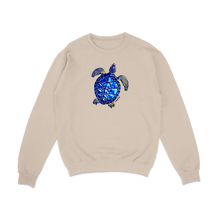 Beige sweatshirt with a blue turtle design on a white background