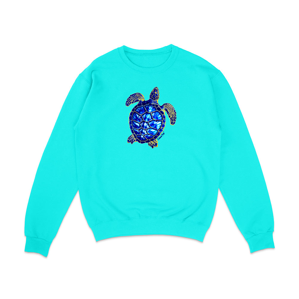 Turquoise sweatshirt with a turtle design on a white background