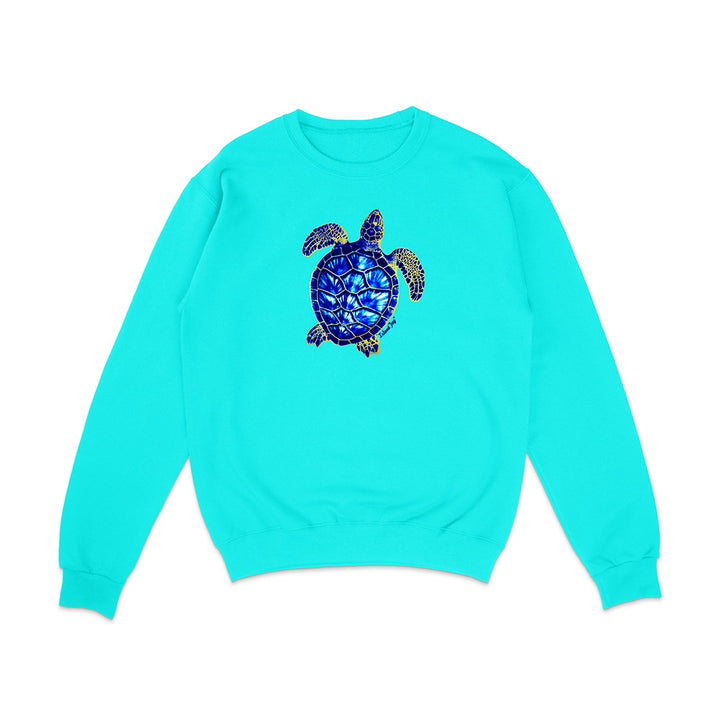 Turquoise sweatshirt with a turtle design on a white background