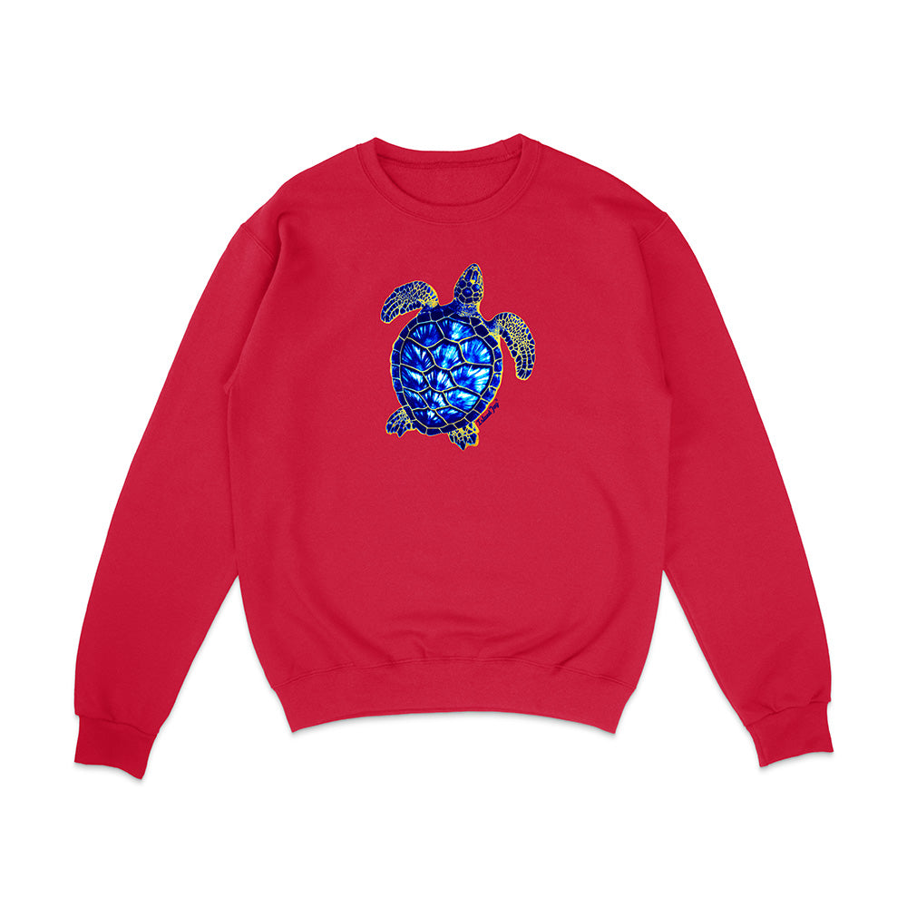 Red sweatshirt with a blue turtle design on a white background