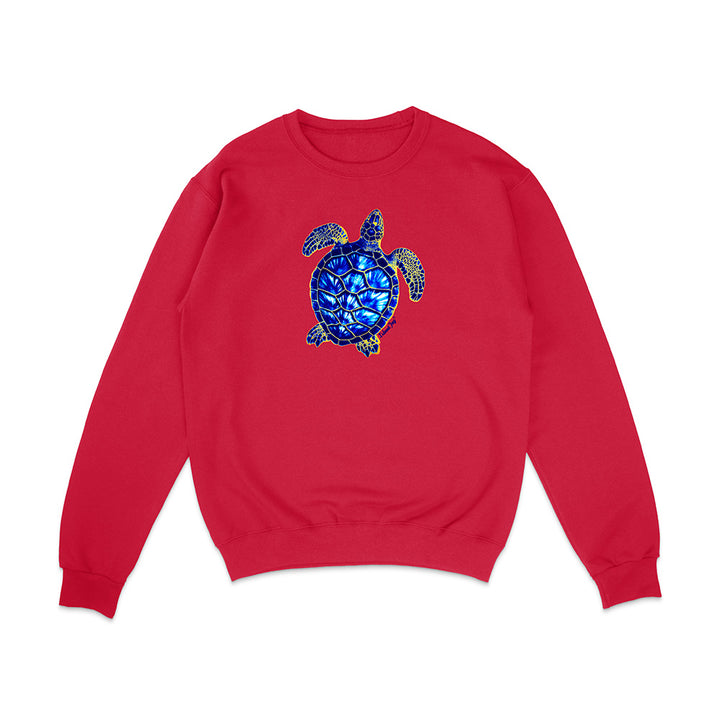Red sweatshirt with a blue turtle design on a white background