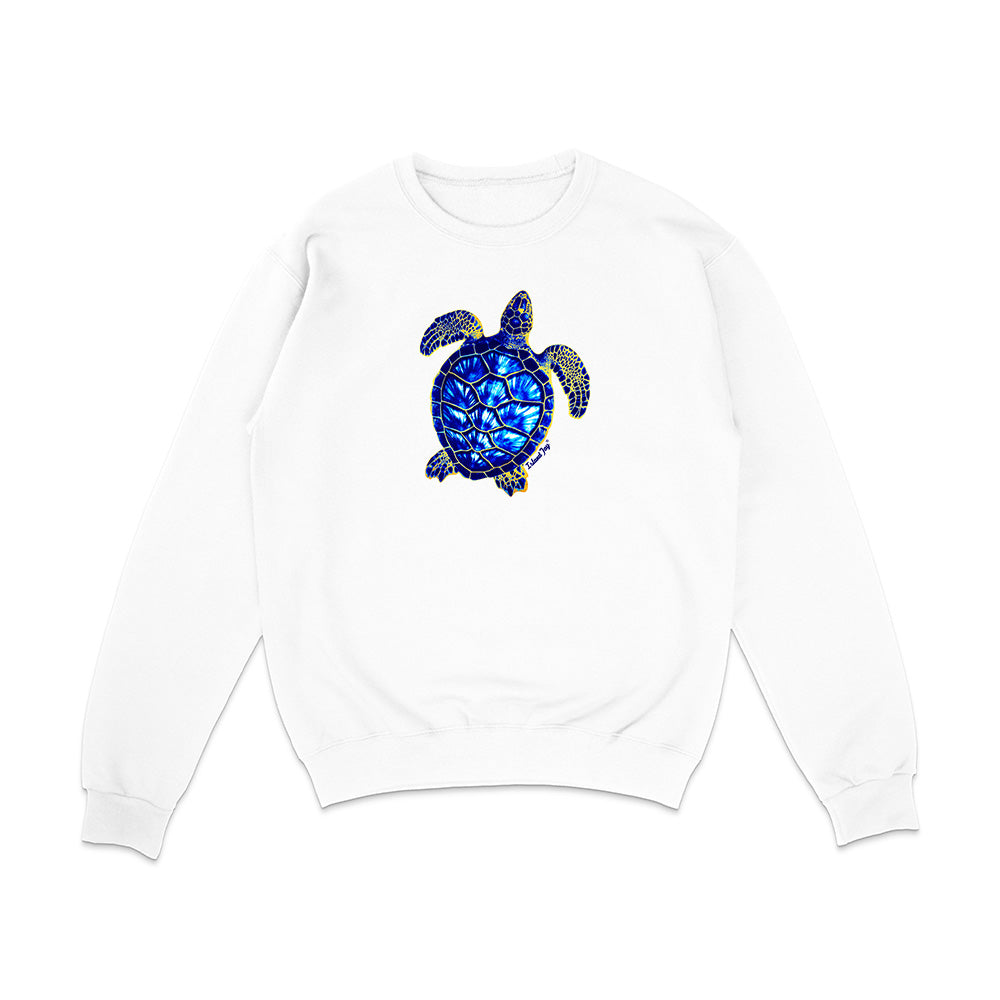 White sweatshirt with a blue turtle design on a white background