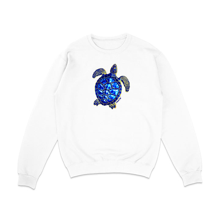 White sweatshirt with a blue turtle design on a white background