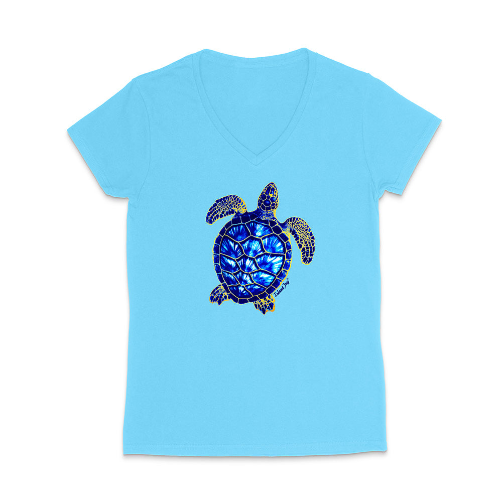 Light blue t-shirt with a turtle design on a white background
