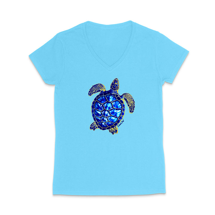 Light blue t-shirt with a turtle design on a white background