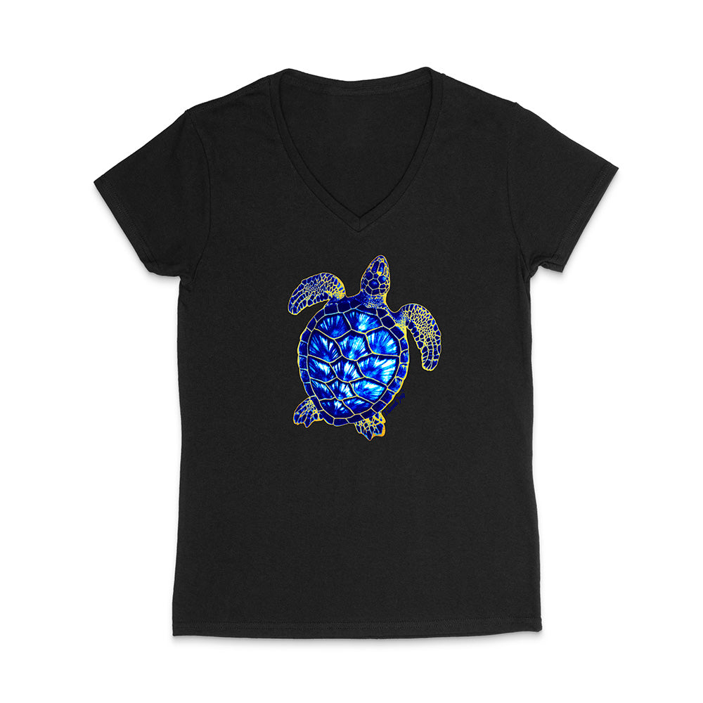 Black V-neck t-shirt with a blue turtle design on a white background