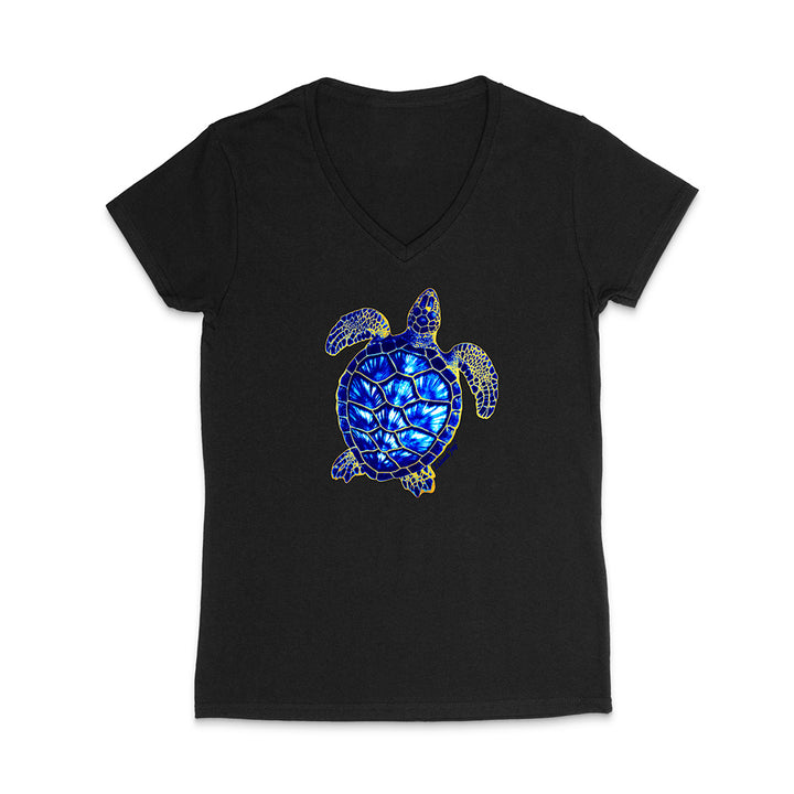 Black V-neck t-shirt with a blue turtle design on a white background