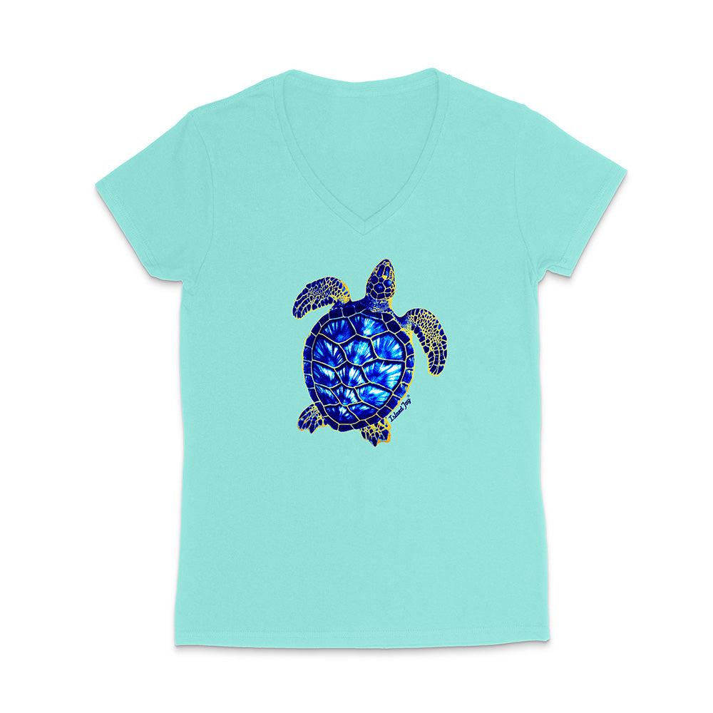 Light mint t-shirt with a blue turtle design on a white background