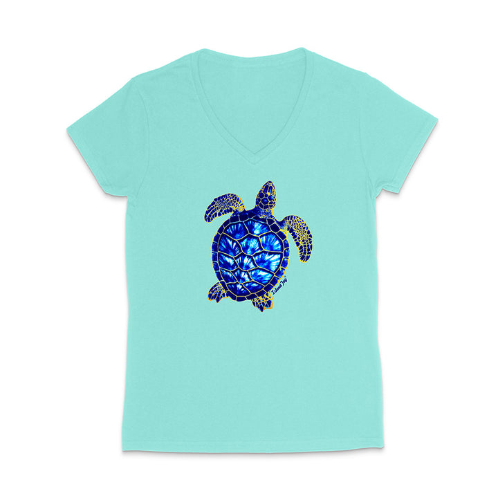 Light mint t-shirt with a blue turtle design on a white background