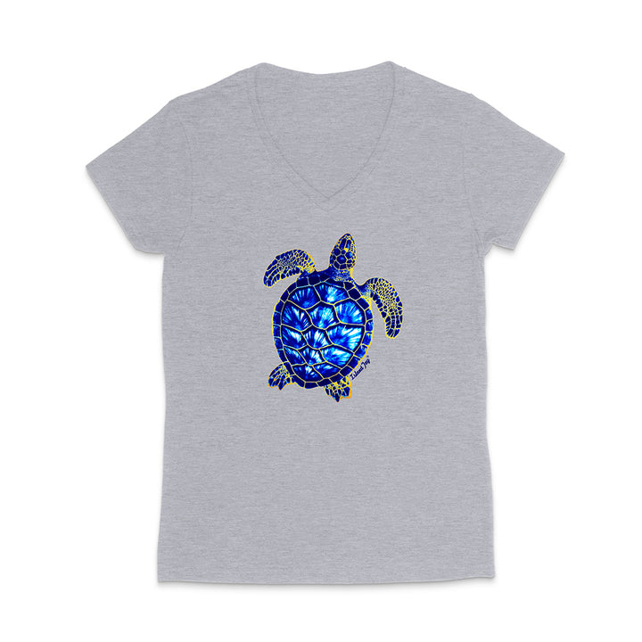 Gray t-shirt with a blue and yellow turtle design on a white background