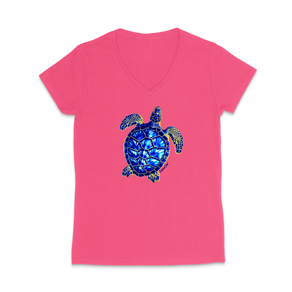 Pink V-neck t-shirt with a blue turtle design on a white background