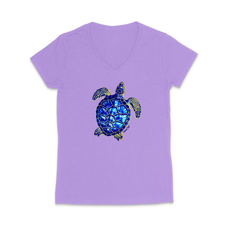 Purple t-shirt with a blue turtle design on a white background