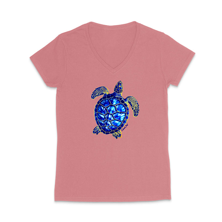 Pink V-neck t-shirt with a blue turtle graphic on a white background