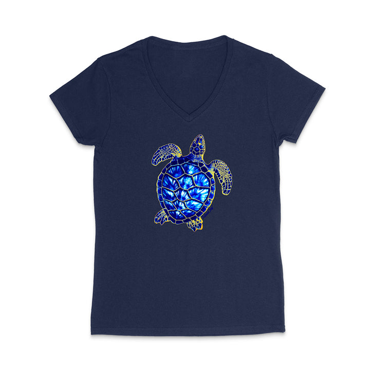 Navy blue t-shirt with a blue turtle design on a white background