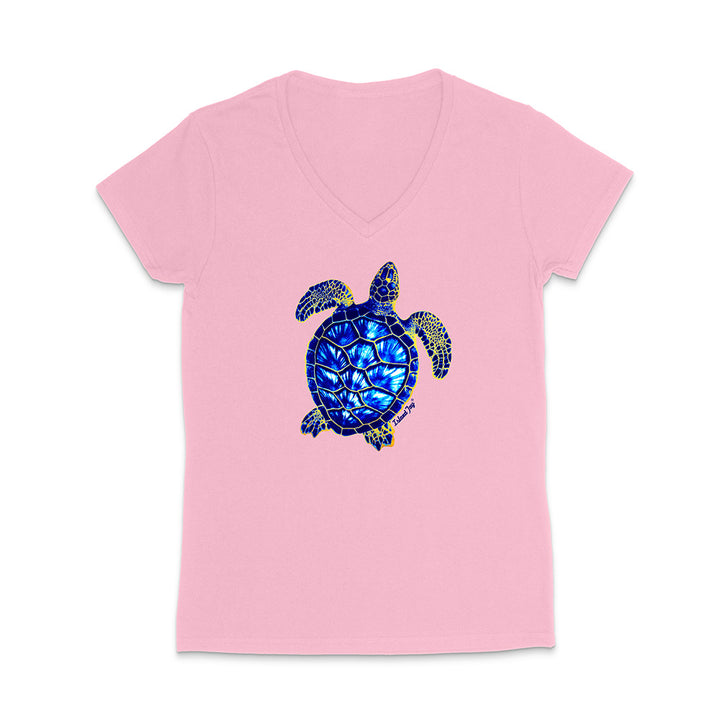 Pink t-shirt with a blue and yellow turtle design on a white background